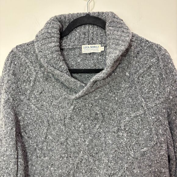 Luca Nobili Fisherman Sweater Men L Wool Blend Gray Shawl Cable Knit Grandpa - Picture 2 of 8